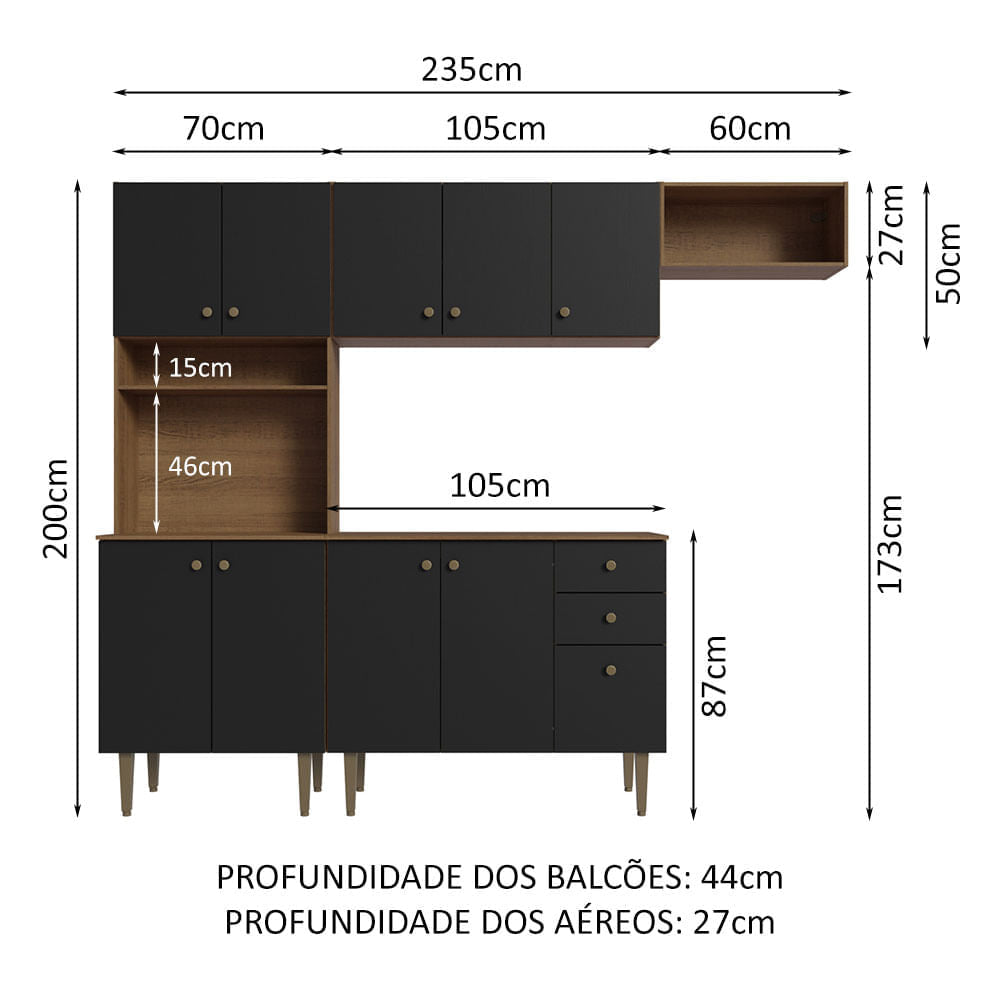 Armário de Cozinha Compacta 235cm Rustic/Preto Gourmet Madesa 02