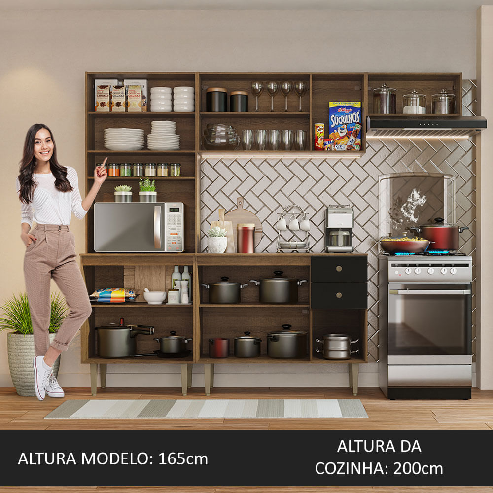 Armário de Cozinha Compacta 235cm Rustic/Preto Gourmet Madesa 02