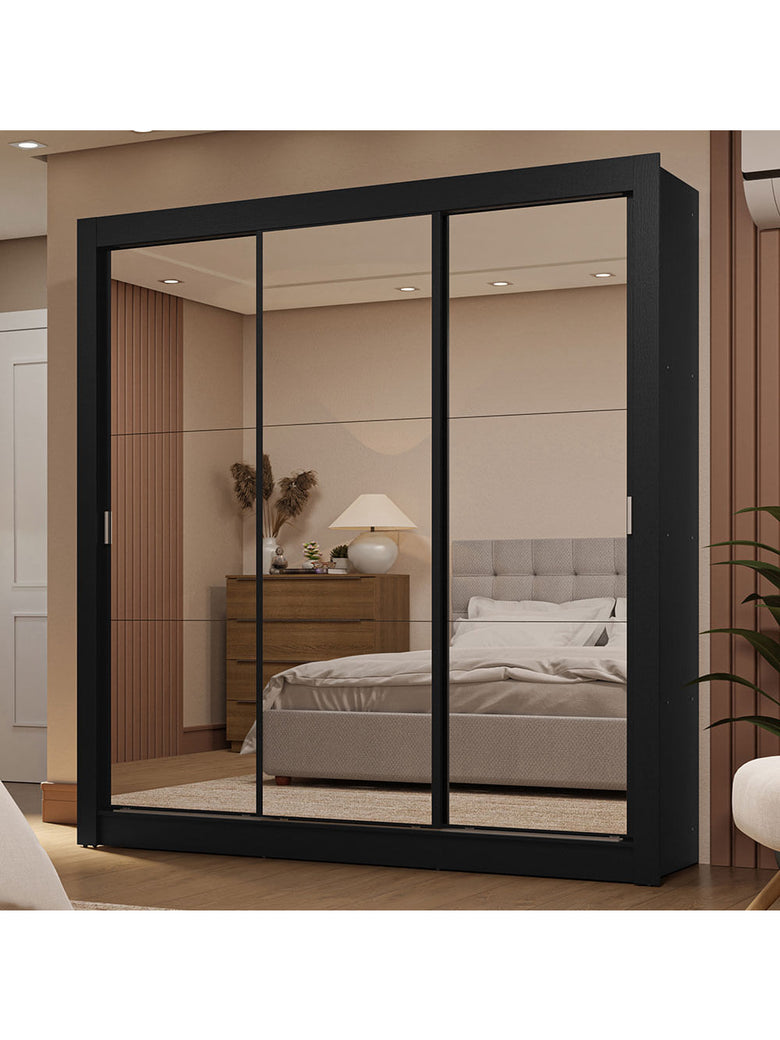 Guarda-Roupa Casal 3 Portas de Correr de Espelho 2 Gavetas Preto Sublime Madesa