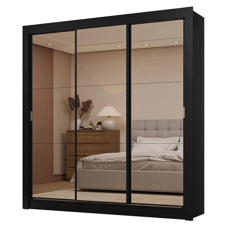 Guarda-Roupa Casal 3 Portas de Correr de Espelho 2 Gavetas Preto Sublime Madesa