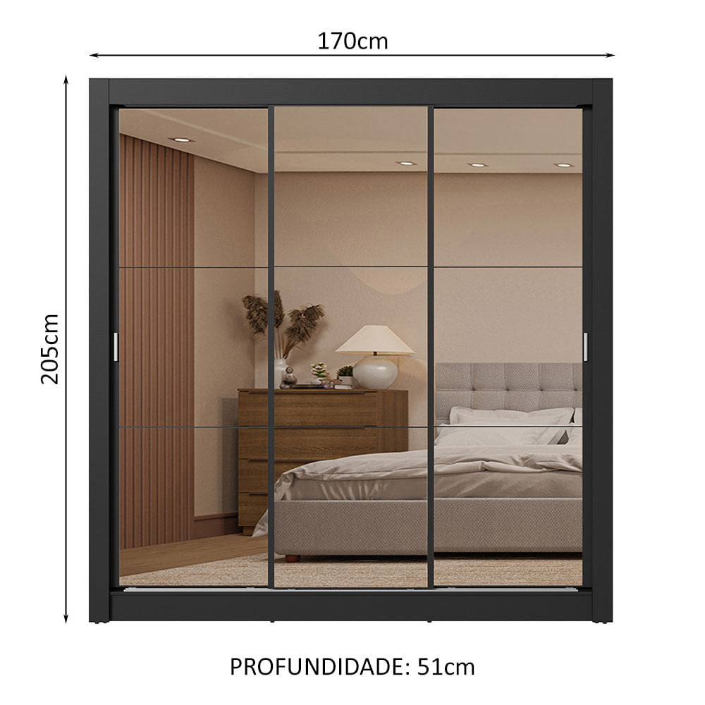 Guarda-Roupa Casal 3 Portas de Correr de Espelho 2 Gavetas Preto Sublime Madesa