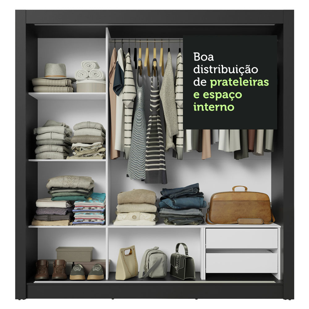 Guarda-Roupa Casal 3 Portas de Correr de Espelho 2 Gavetas Preto Sublime Madesa