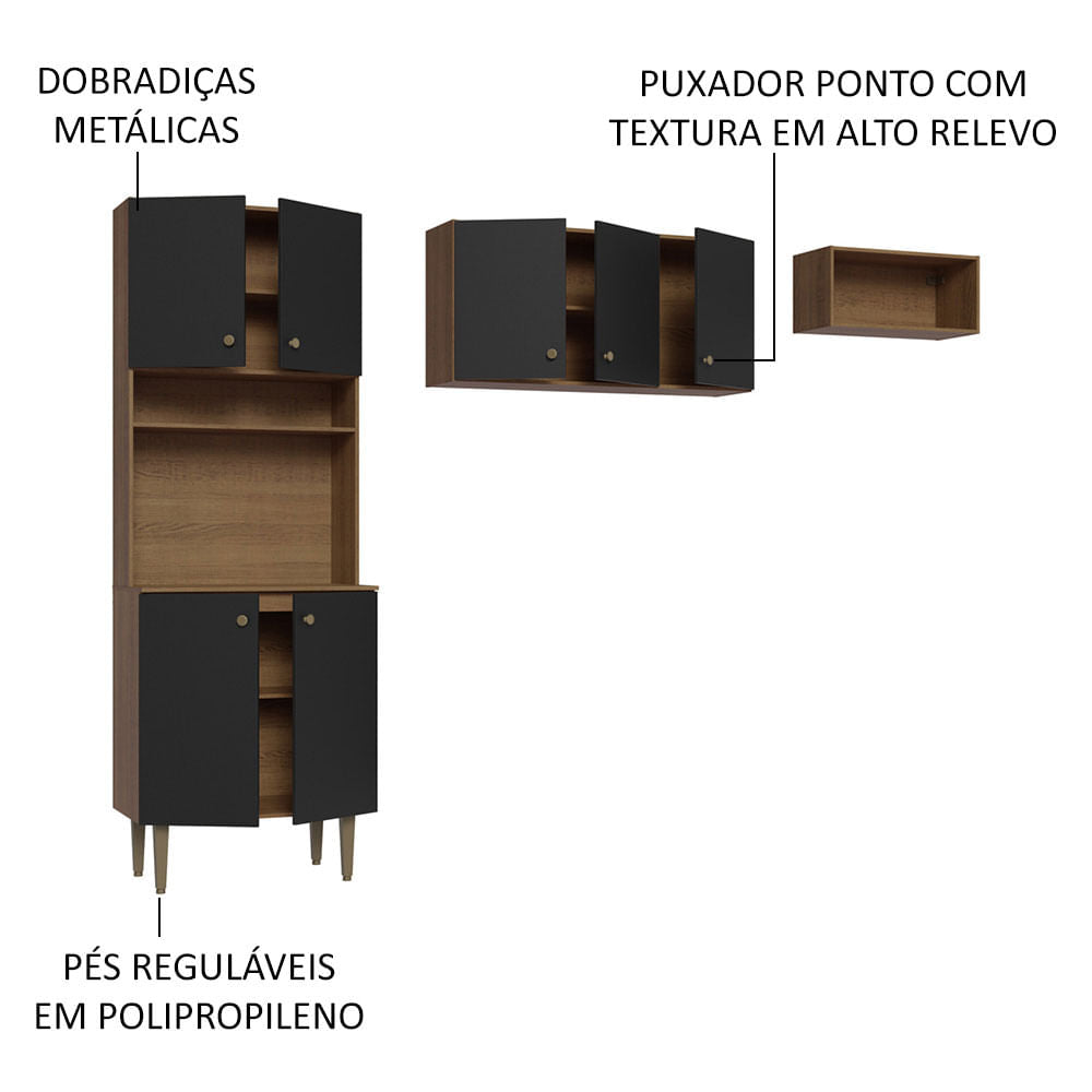Armário de Cozinha Compacta Quiosque 235cm Rustic/Preto Gourmet Madesa 01