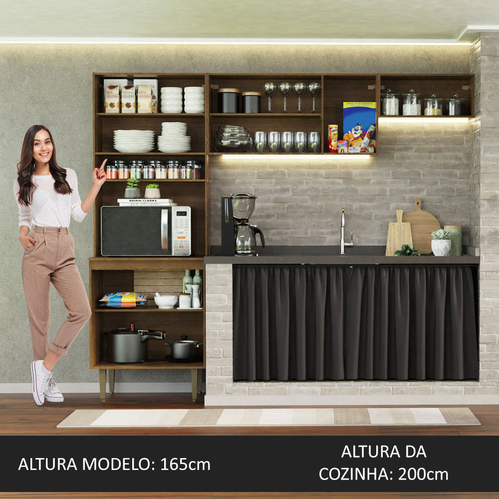 Armário de Cozinha Compacta Quiosque 235cm Rustic/Preto Gourmet Madesa 01