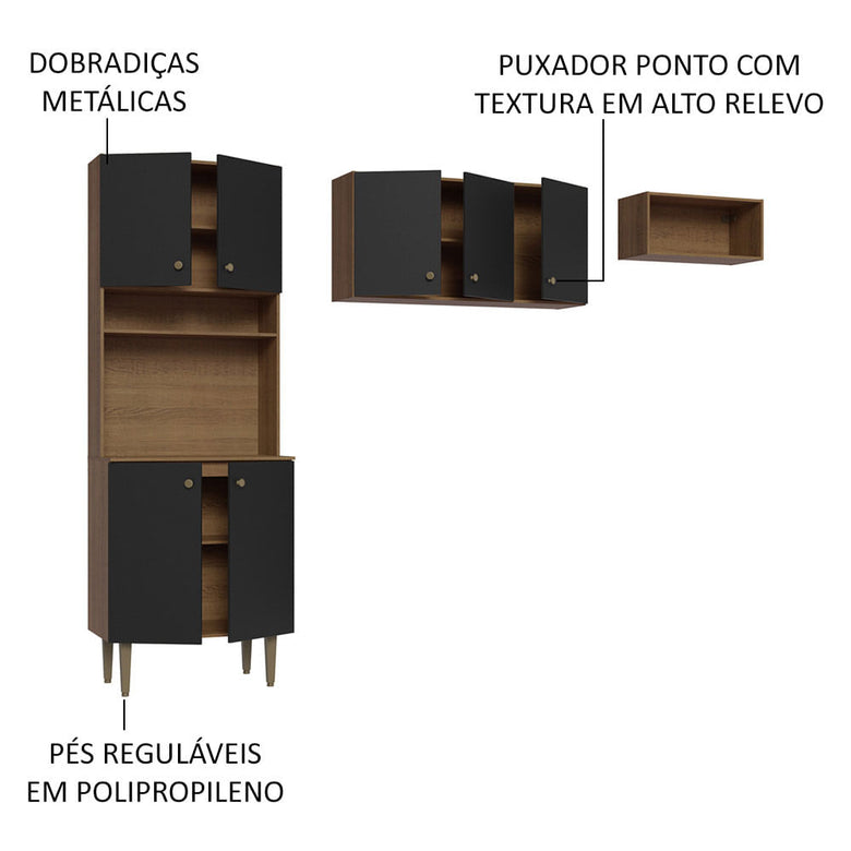 Armário de Cozinha Compacta Quiosque 235cm Rustic/Preto Gourmet Madesa XA