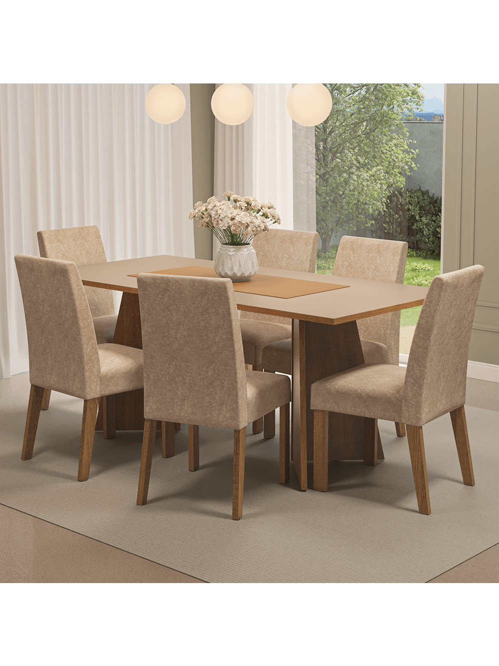 Conjunto Sala de Jantar Mesa Tampo de Madeira 6 Cadeiras Rustic/Crema/Imperial Simone Madesa - Rustic/Crema/Imperial