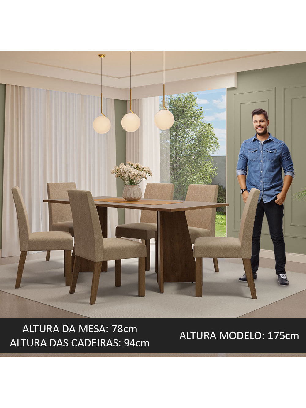 Conjunto Sala de Jantar Mesa Tampo de Madeira 6 Cadeiras Rustic/Crema/Imperial Simone Madesa