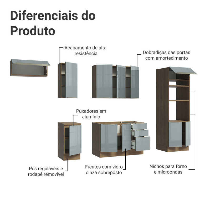 Armário de Cozinha Completa 310cm Rustic/Cinza Lux Madesa 01