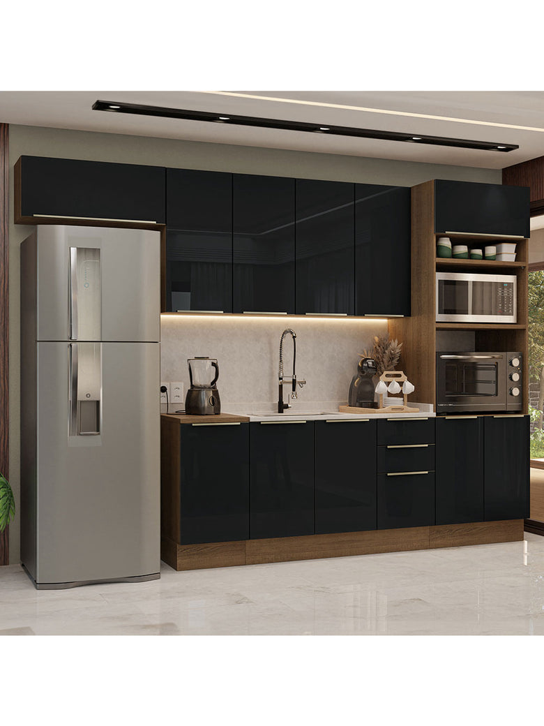 Armário de Cozinha Completa 310cm Rustic/Preto Lux Madesa 01
