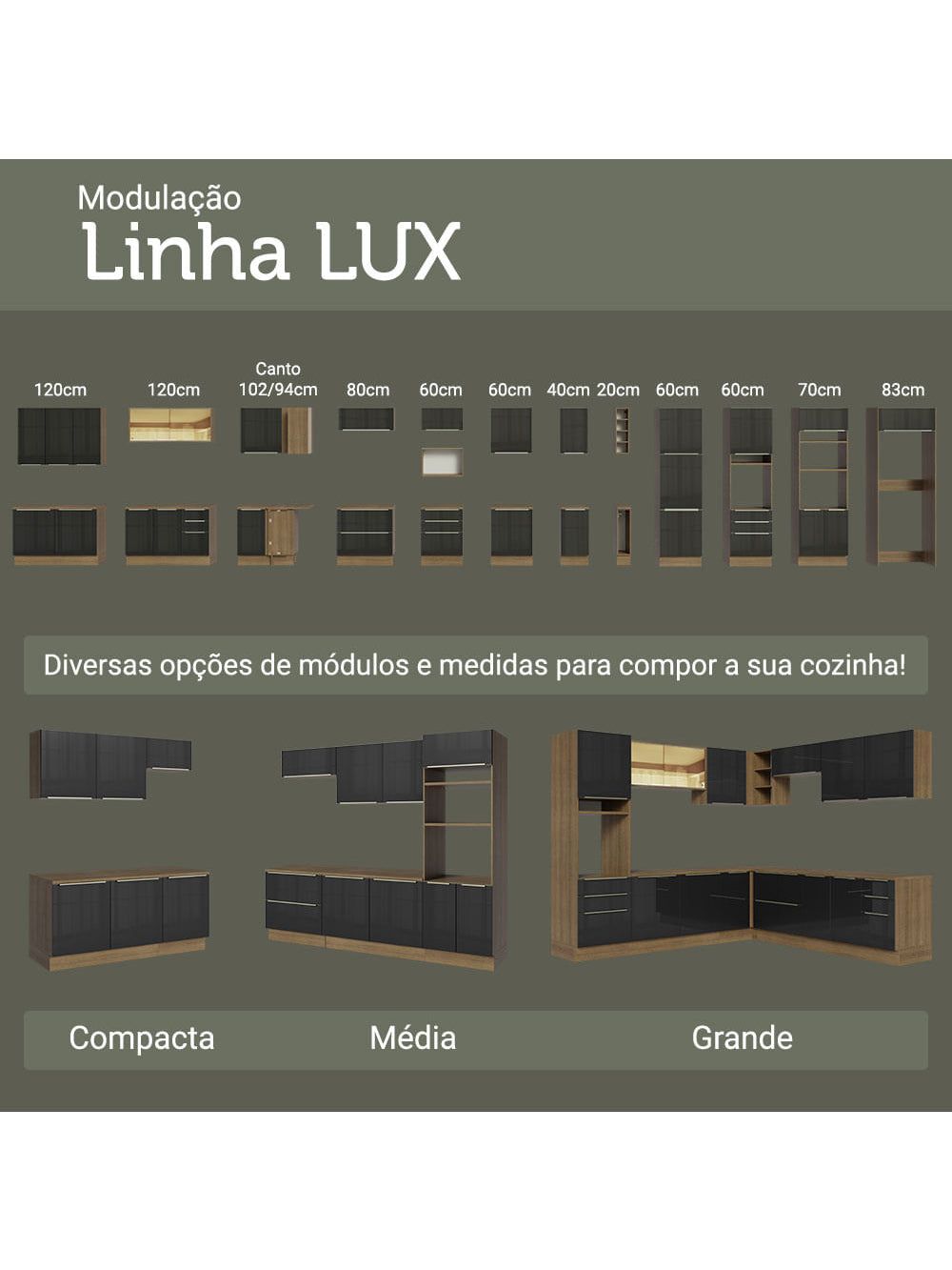 Armário de Cozinha Completa 310cm Rustic/Preto Lux Madesa 01