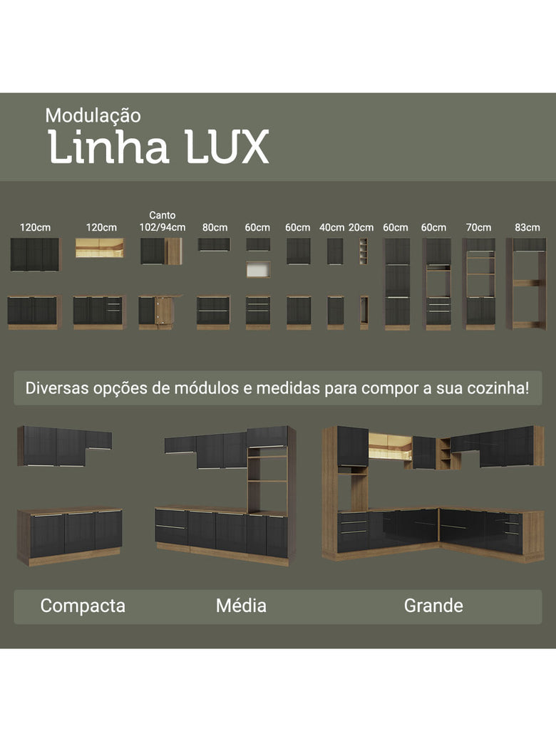 Armário de Cozinha Completa 310cm Rustic/Preto Lux Madesa 01