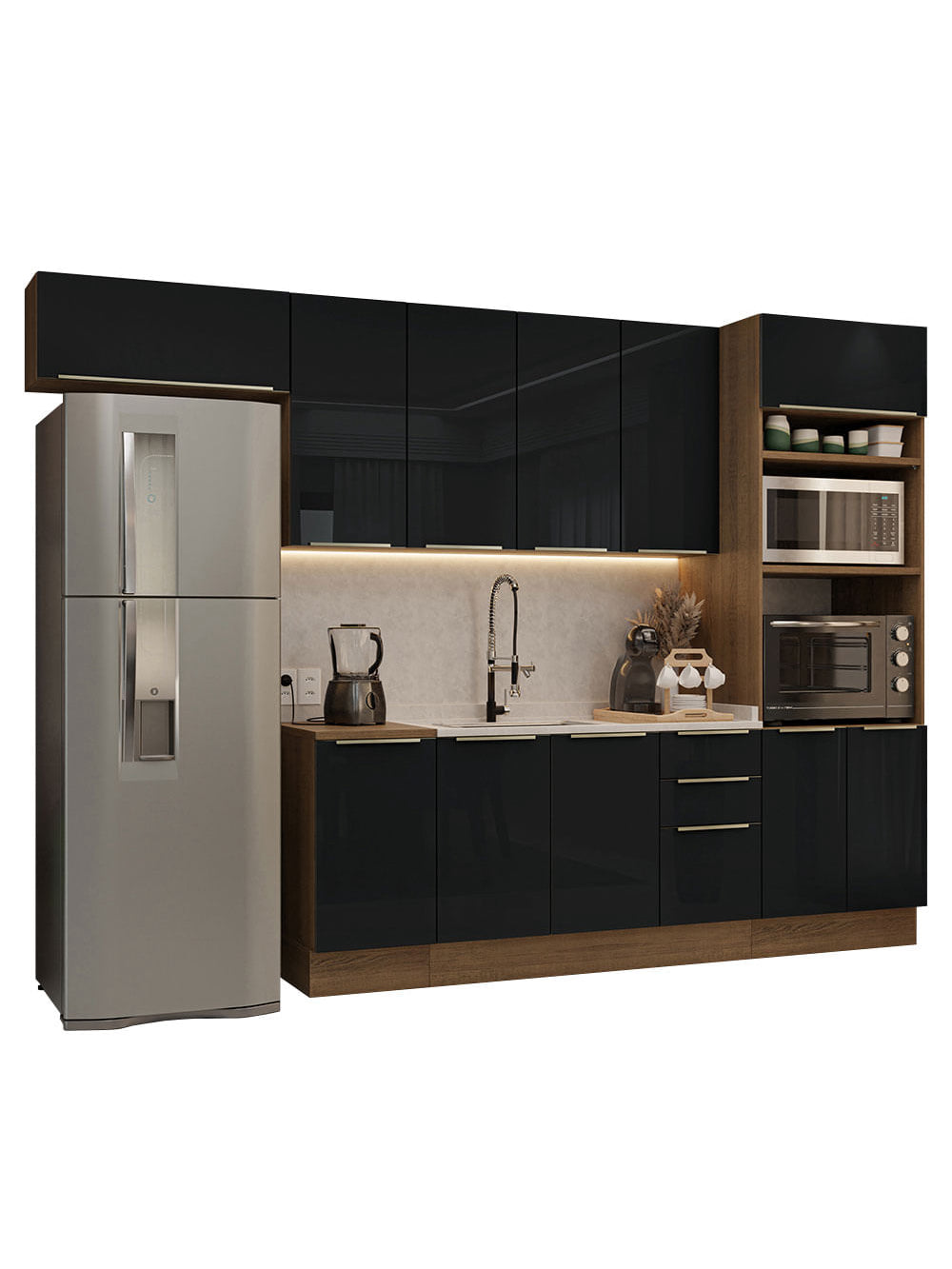 Armário de Cozinha Completa 310cm Rustic/Preto Lux Madesa 01 - Rustic/Preto