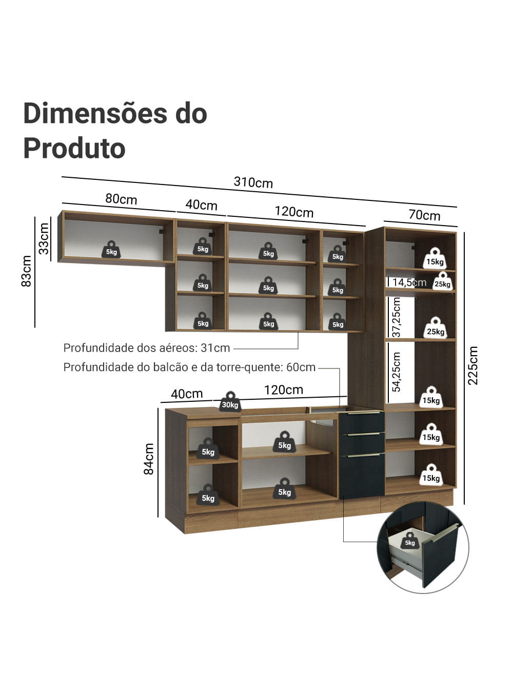 Armário de Cozinha Completa 310cm Rustic/Preto Lux Madesa 01