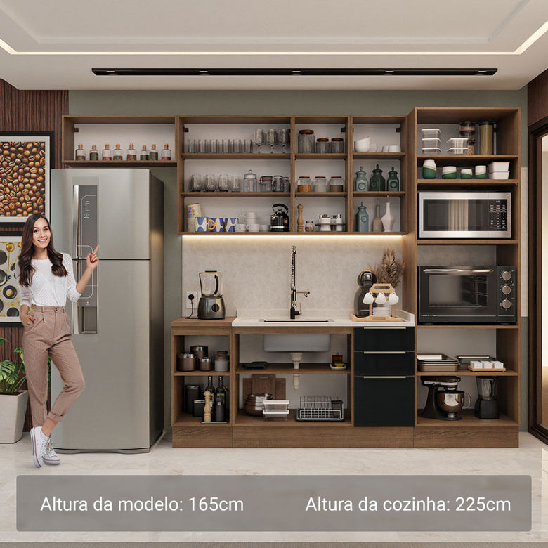 Armário de Cozinha Completa 310cm Rustic/Preto Lux Madesa 01