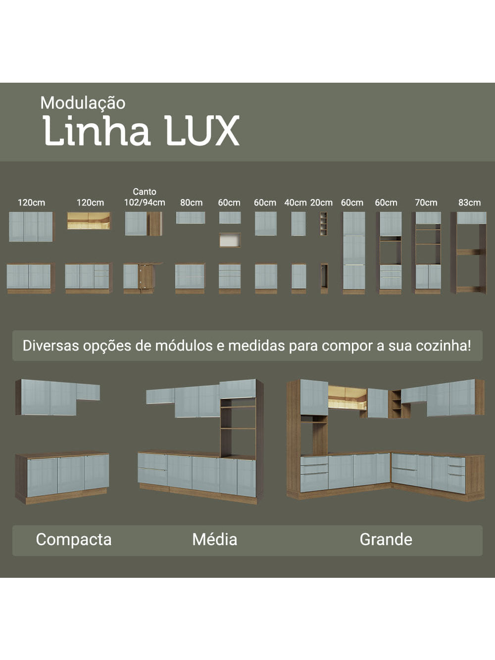 Armário de Cozinha Completa 310cm Rustic/Cinza Lux Madesa 02