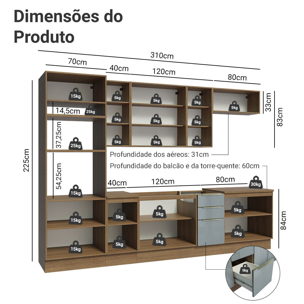 Armário de Cozinha Completa 310cm Rustic/Cinza Lux Madesa 02