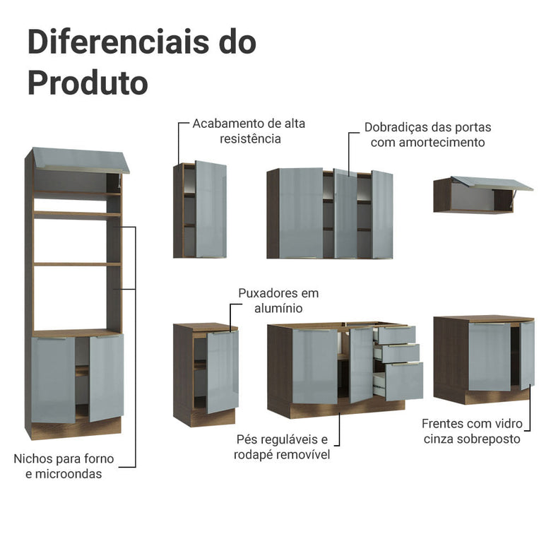 Armário de Cozinha Completa 310cm Rustic/Cinza Lux Madesa 02