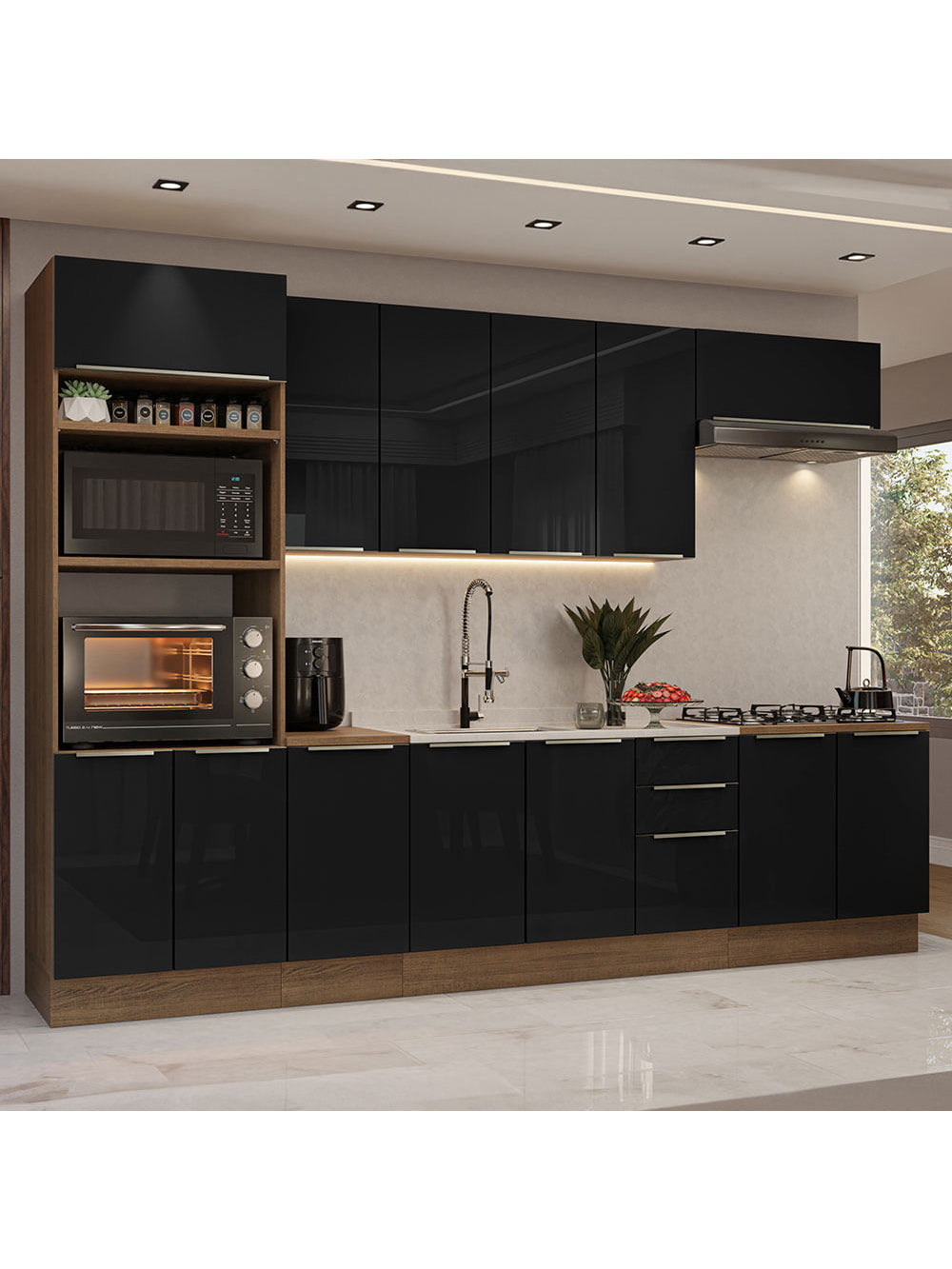 Armário de Cozinha Completa 310cm Rustic/Preto Lux Madesa 02 - Rustic/Preto