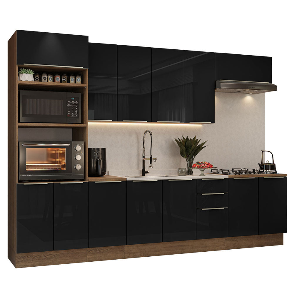 Armário de Cozinha Completa 310cm Rustic/Preto Lux Madesa 02 - Rustic/Preto