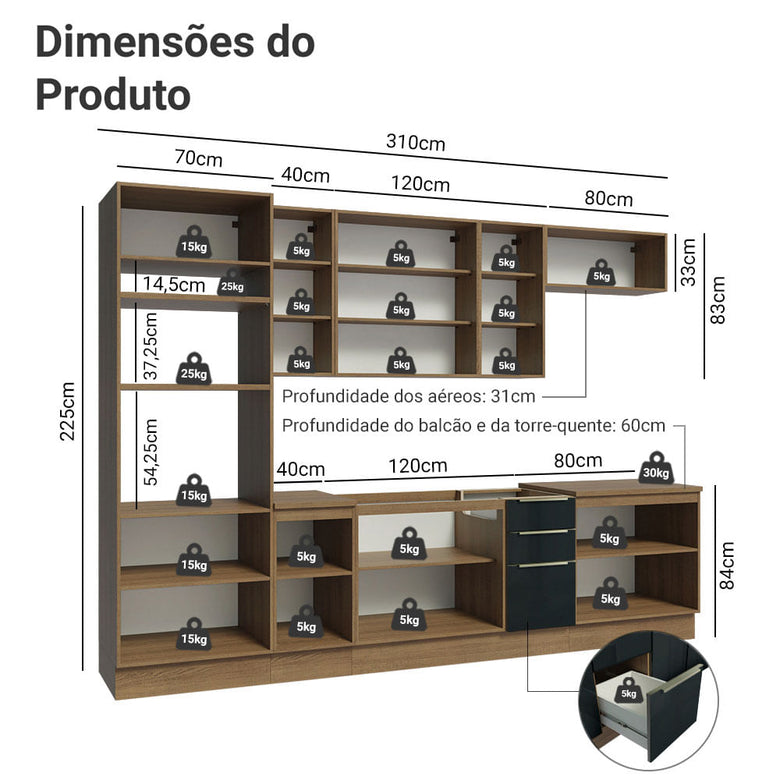 Armário de Cozinha Completa 310cm Rustic/Preto Lux Madesa 02