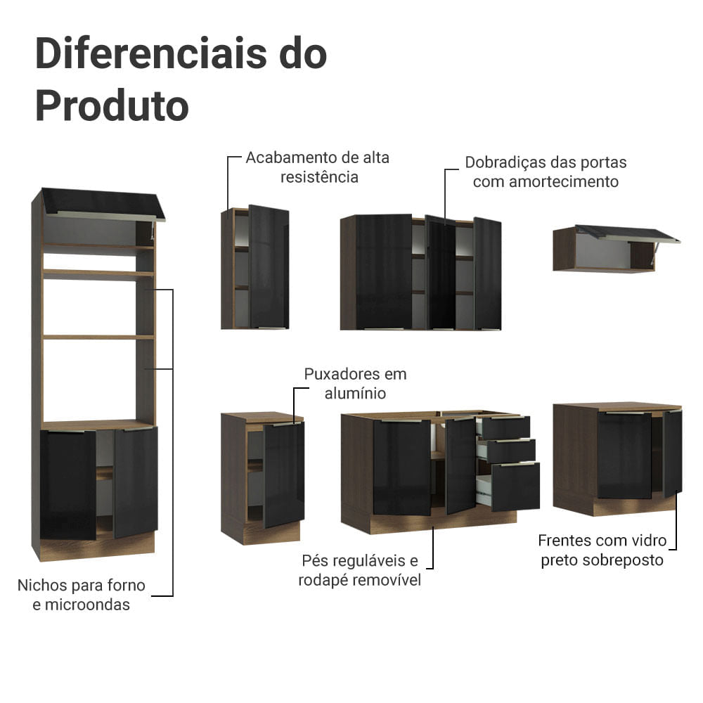 Armário de Cozinha Completa 310cm Rustic/Preto Lux Madesa 02