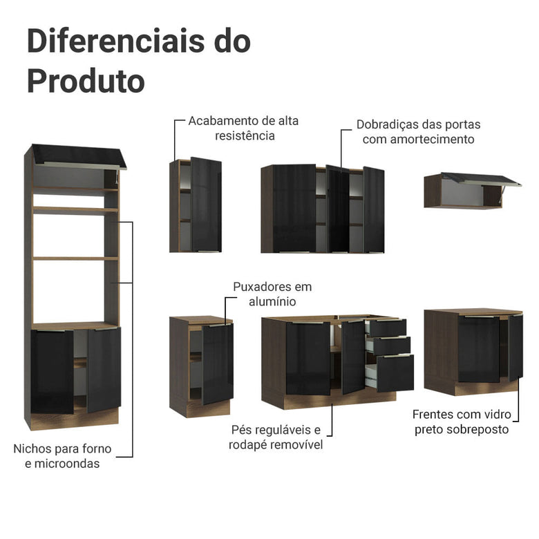 Armário de Cozinha Completa 310cm Rustic/Preto Lux Madesa 02