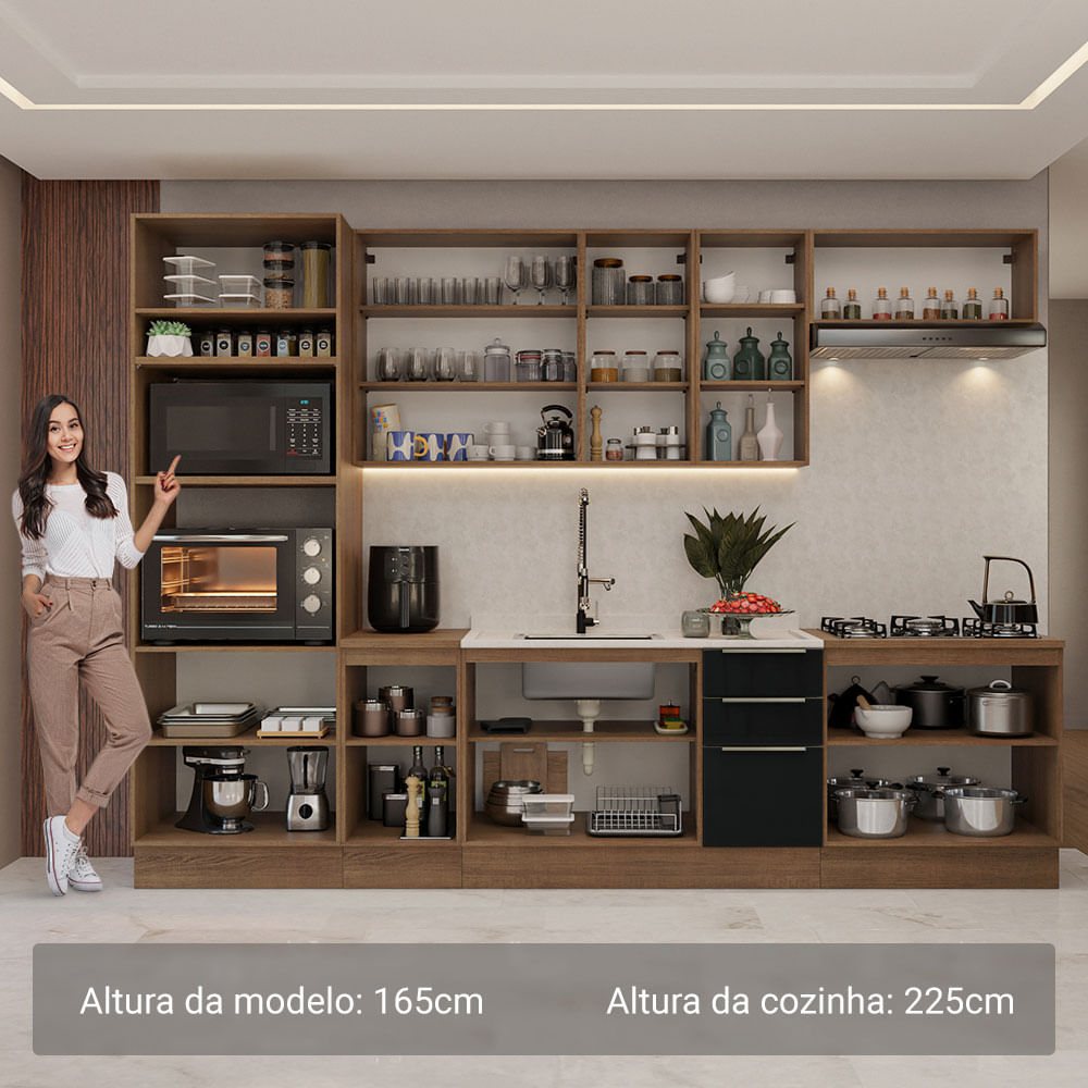 Armário de Cozinha Completa 310cm Rustic/Preto Lux Madesa 02