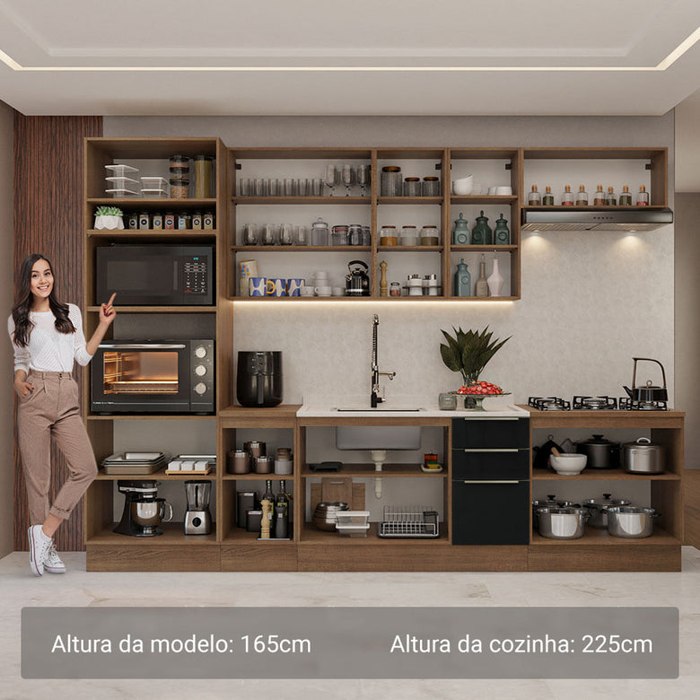Armário de Cozinha Completa 310cm Rustic/Preto Lux Madesa 02