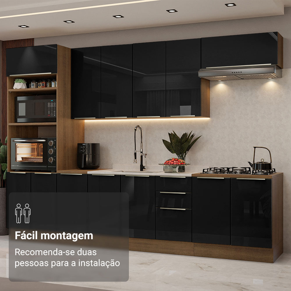 Armário de Cozinha Completa 310cm Rustic/Preto Lux Madesa 02