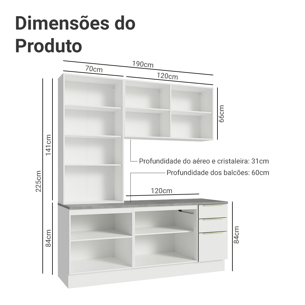 Armário de Cozinha Compacta 190cm Branco Veludo Lux Madesa 02