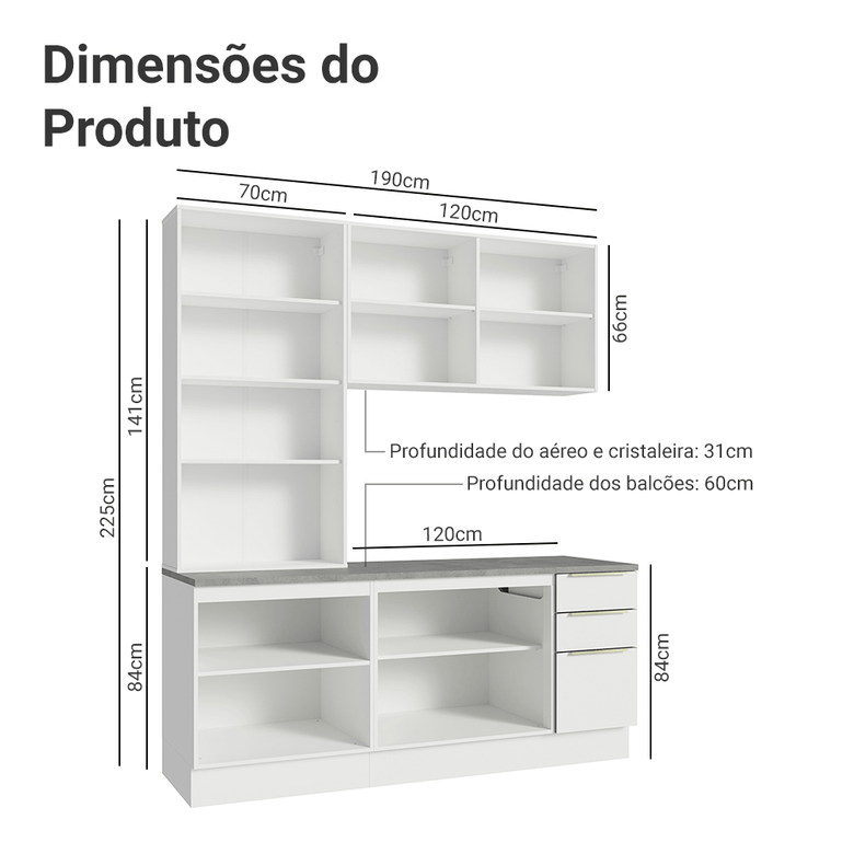 Armário de Cozinha Compacta 190cm Branco Veludo Lux Madesa 02
