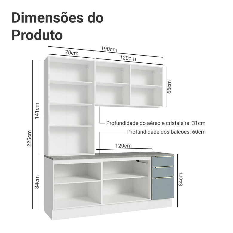 Armário de Cozinha Compacta 190cm Branco/Cinza Lux Madesa 02