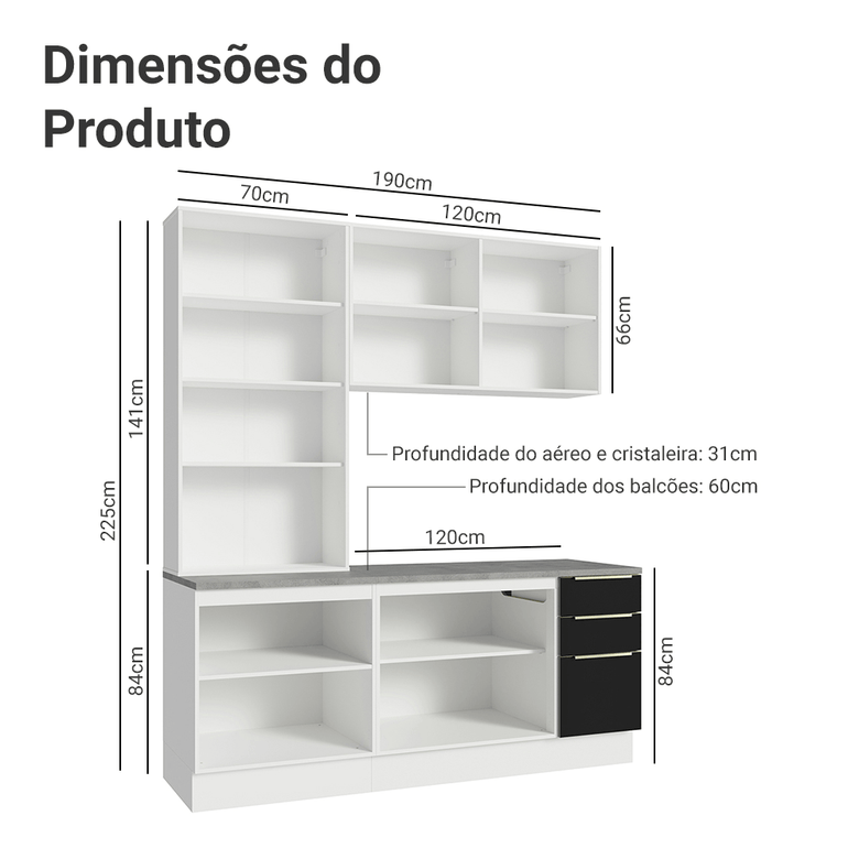 Armário de Cozinha Compacta 190cm Branco/Preto Lux Madesa 02