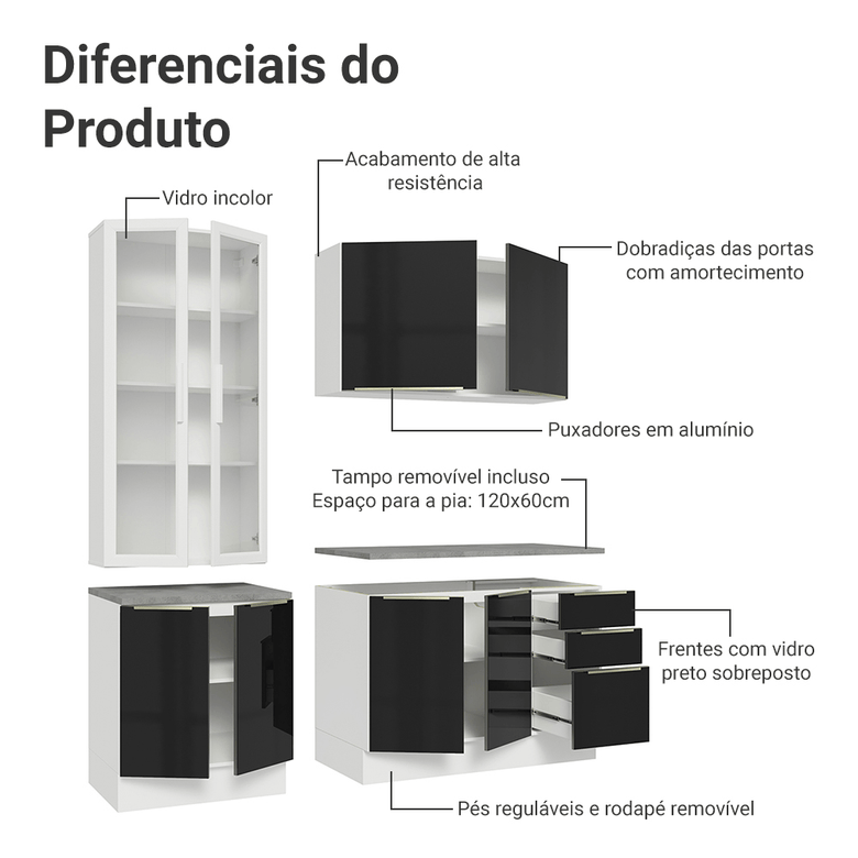 Armário de Cozinha Compacta 190cm Branco/Preto Lux Madesa 02