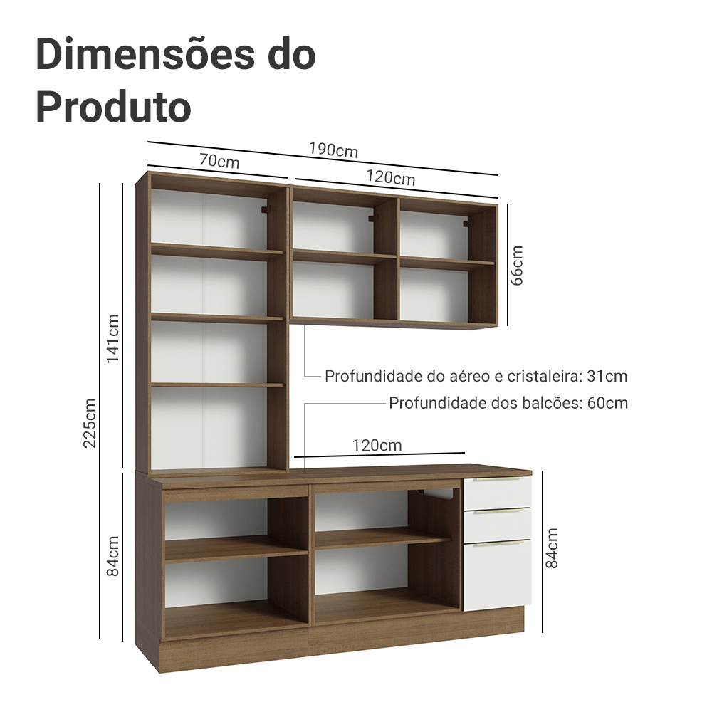Armário de Cozinha Compacta 190cm Rustic/Branco Veludo Lux Madesa 02