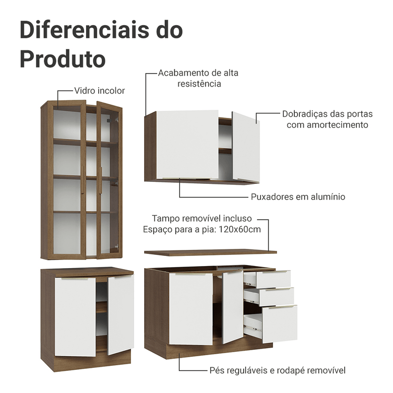 Armário de Cozinha Compacta 190cm Rustic/Branco Veludo Lux Madesa 02