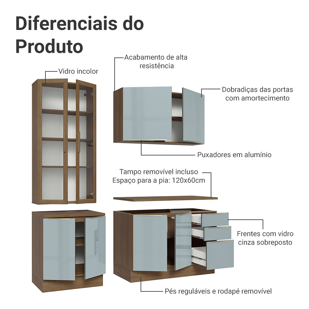 Armário de Cozinha Compacta 190cm Rustic/Cinza Lux Madesa 02