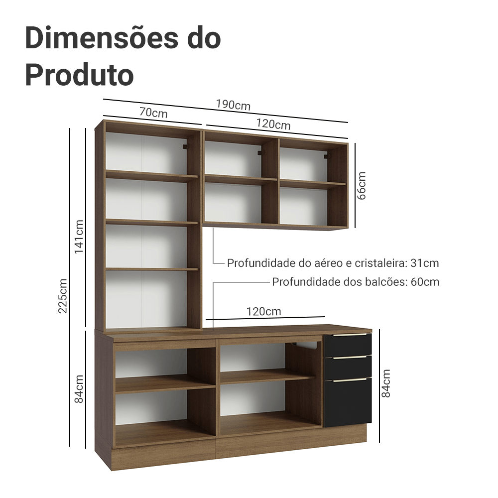 Armário de Cozinha Compacta 190cm Rustic/Preto Lux Madesa 02