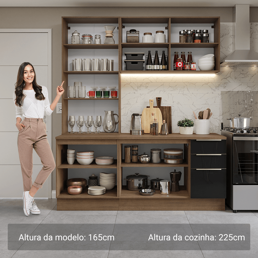 Armário de Cozinha Compacta 190cm Rustic/Preto Lux Madesa 02