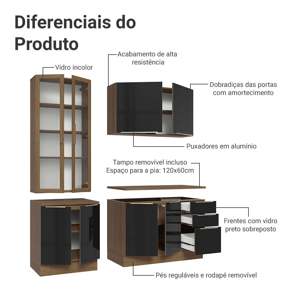 Armário de Cozinha Compacta 190cm Rustic/Preto Lux Madesa 02