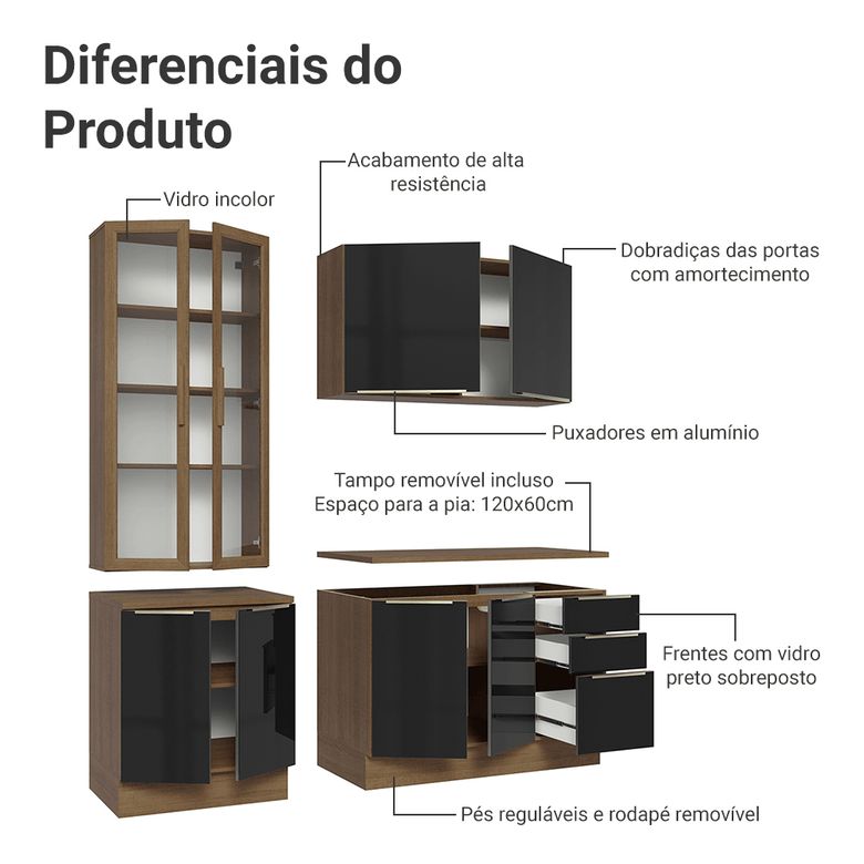Armário de Cozinha Compacta 190cm Rustic/Preto Lux Madesa 02
