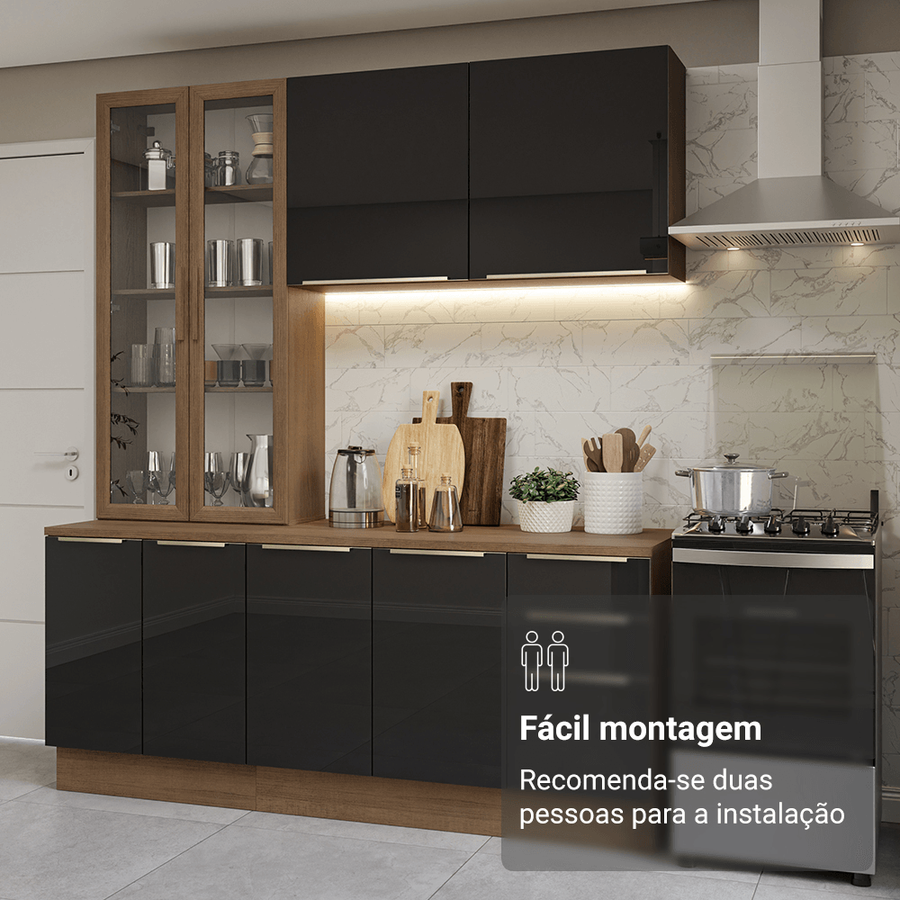 Armário de Cozinha Compacta 190cm Rustic/Preto Lux Madesa 02