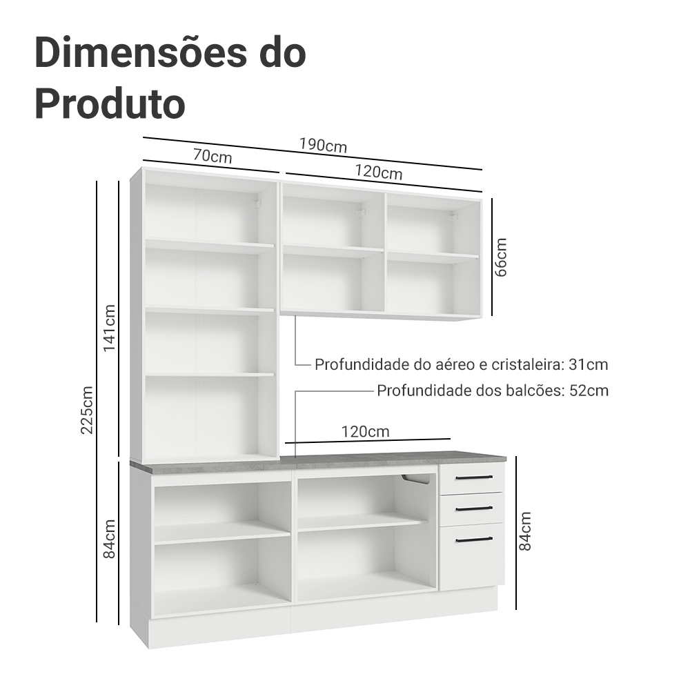 Armário de Cozinha Compacta 190cm com Cristaleira Branco Agata Madesa 01