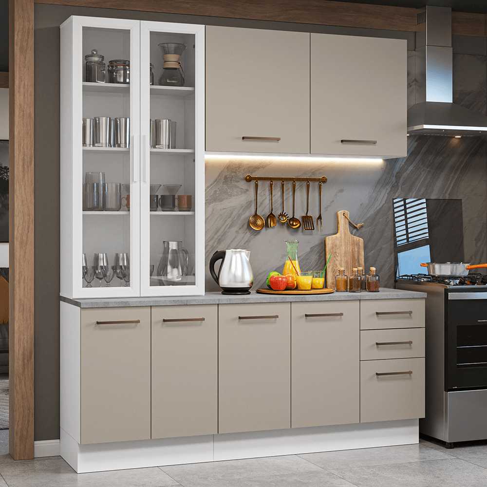 Armário de Cozinha Compacta 190cm com Cristaleira Branco/Crema Agata Madesa 01 - Branco/Crema