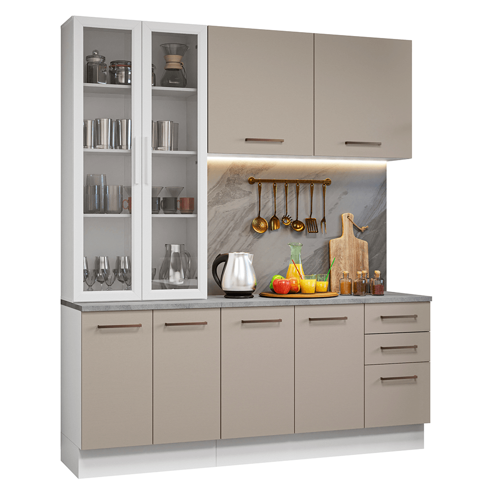 Armário de Cozinha Compacta 190cm com Cristaleira Branco/Crema Agata Madesa 01 - Branco/Crema
