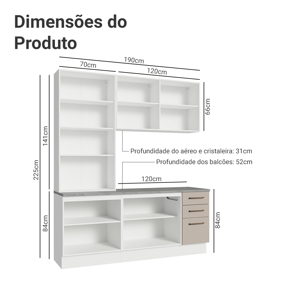 Armário de Cozinha Compacta 190cm com Cristaleira Branco/Crema Agata Madesa 01