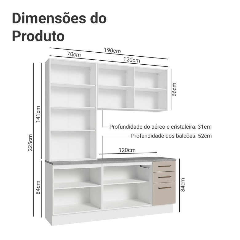 Armário de Cozinha Compacta 190cm com Cristaleira Branco/Crema Agata Madesa 01