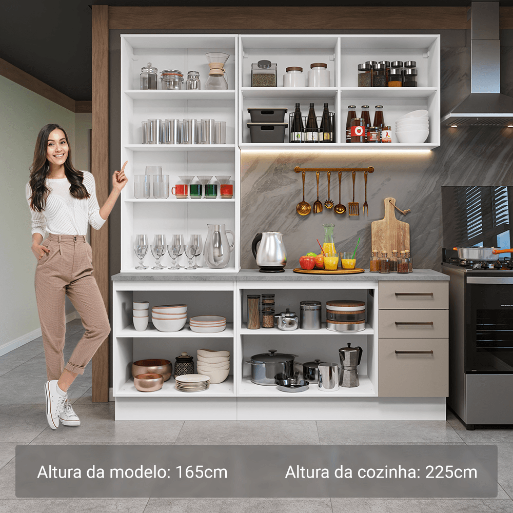 Armário de Cozinha Compacta 190cm com Cristaleira Branco/Crema Agata Madesa 01