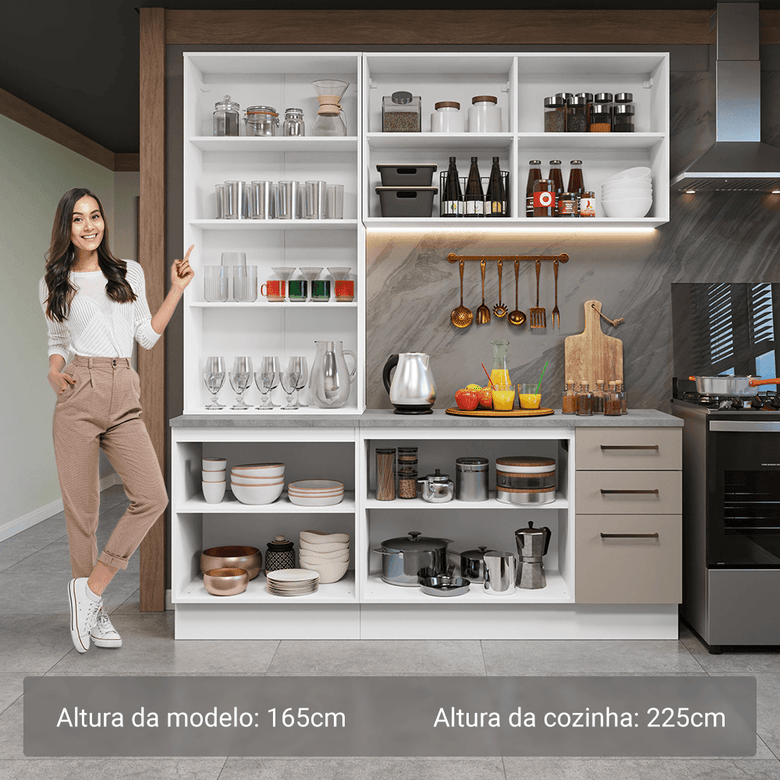 Armário de Cozinha Compacta 190cm com Cristaleira Branco/Crema Agata Madesa 01