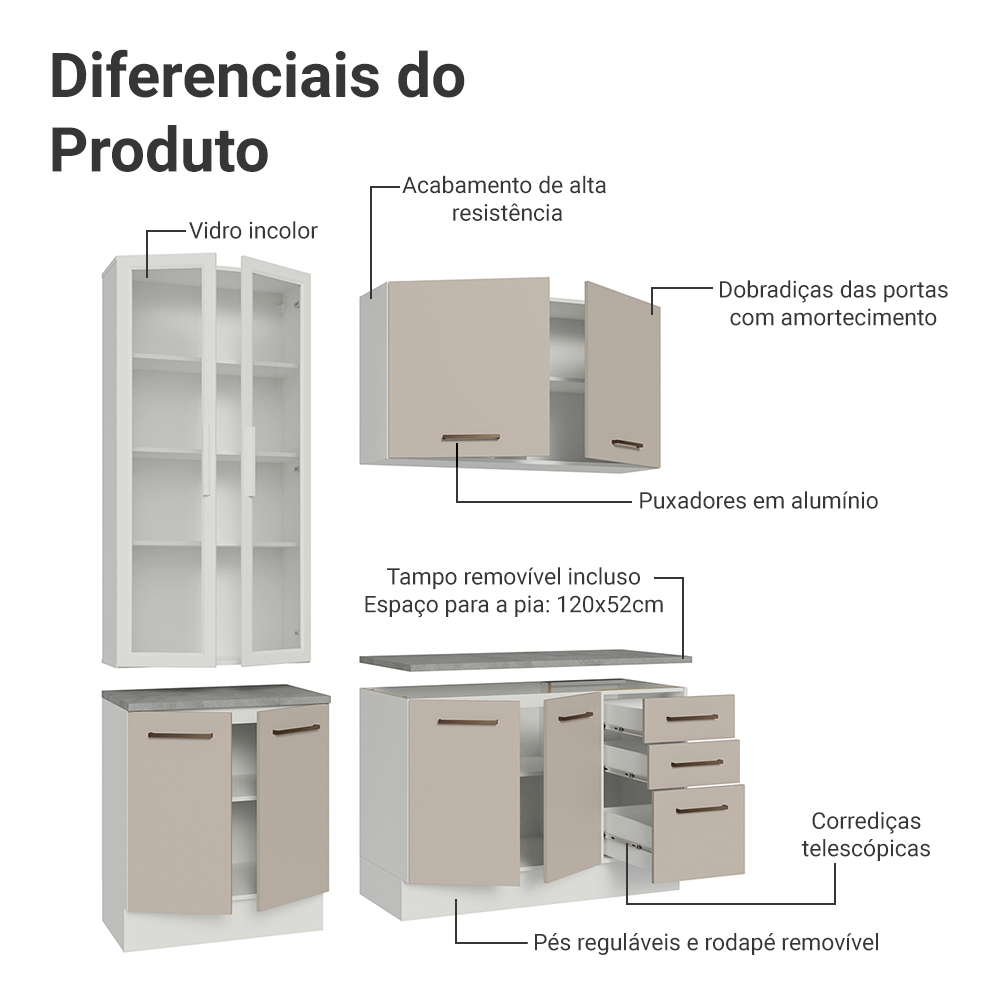 Armário de Cozinha Compacta 190cm com Cristaleira Branco/Crema Agata Madesa 01